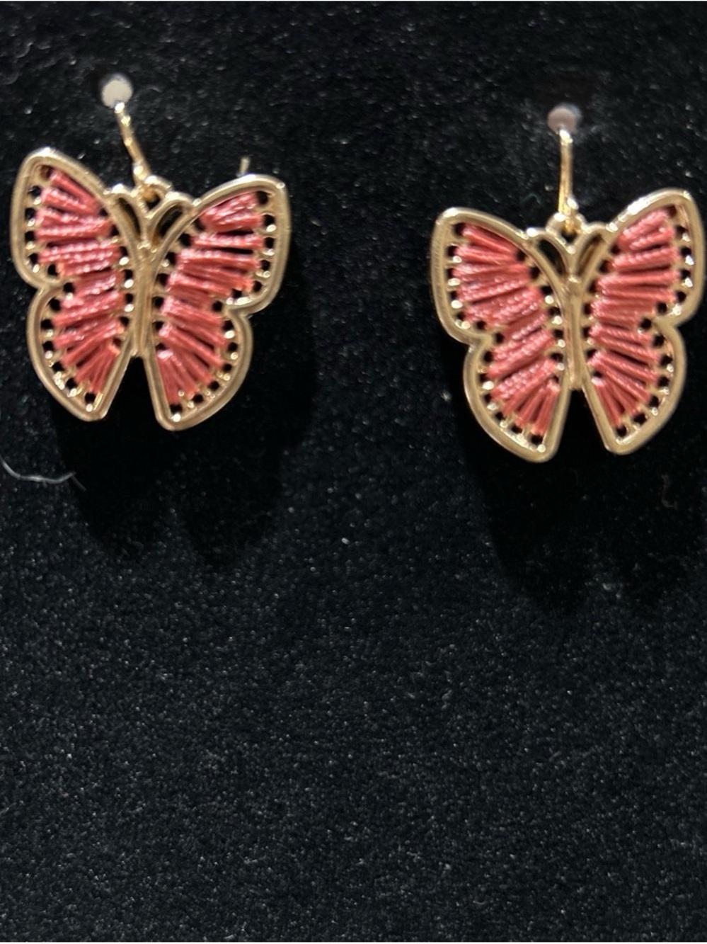 Gold color Butterfly Drop Earrings with Coral Pink Inlay